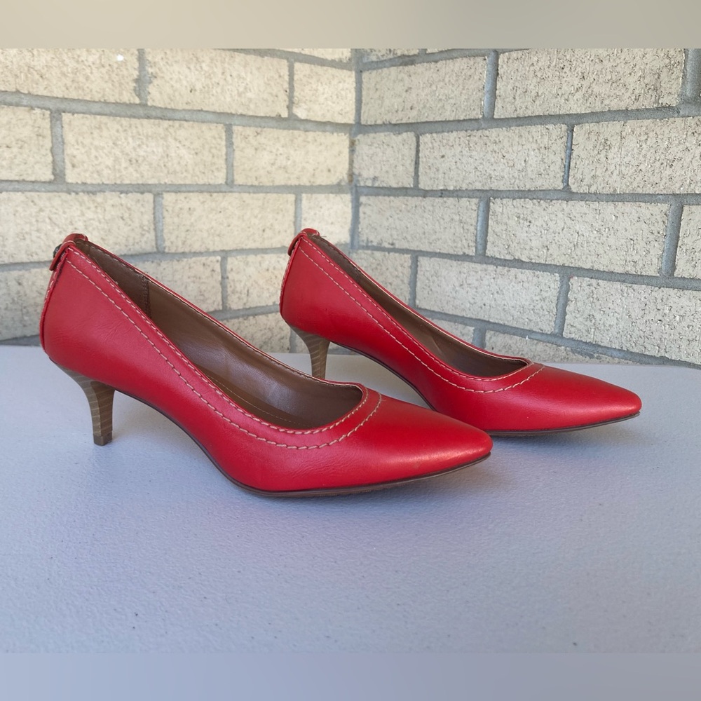 Calvin Klein Red Leather Pointed-Toe Kitten Heels